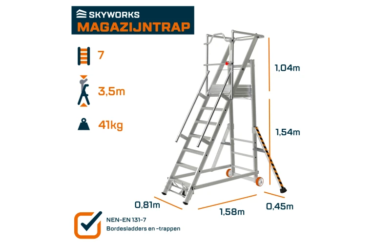 Verrolbare magazijntrap 7 treden